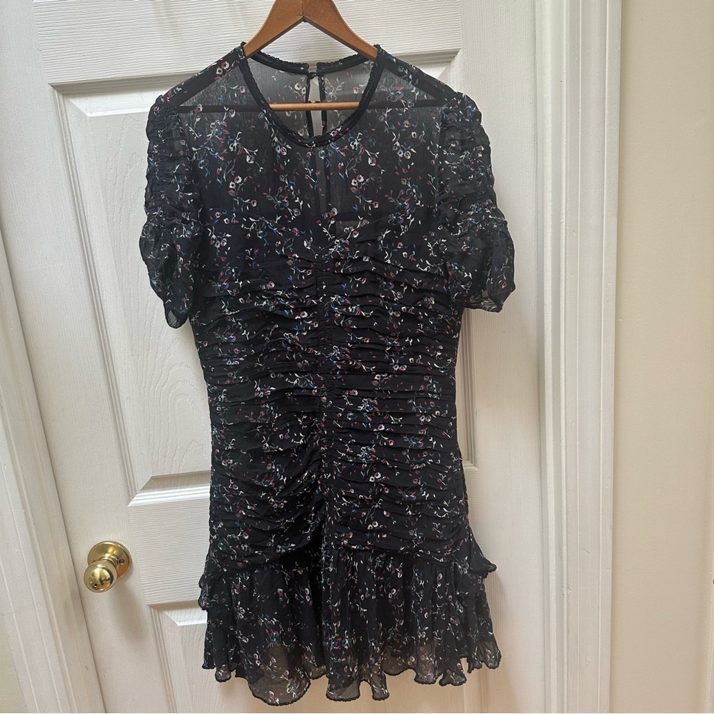Tanya Taylor silk Carti Dress size 10 Floral Ruched Black Dress short - Picture 2 of 11